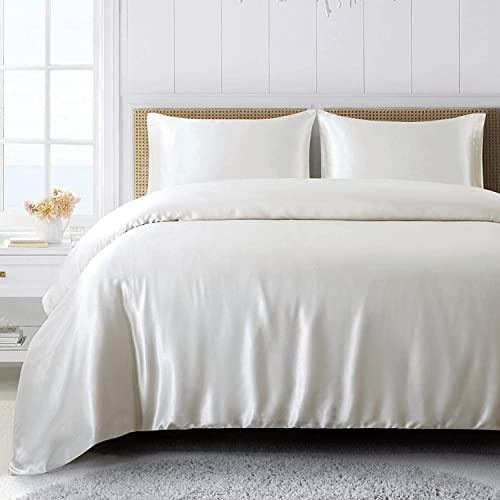 CoutureBridal Housse de Couette 200x200cm + 2 taie d'oreiller 65x65cm Blanc Parures de lit Ado Adulte 2 Personne Satin la Soie Lisse Linge de lit