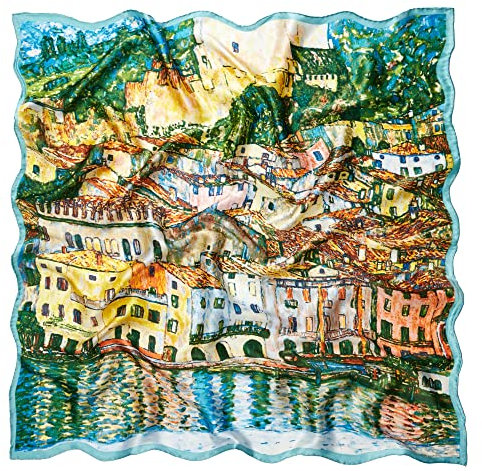 Prettystern Quadratisches Damen Tuch 100% Seide Kunstdruck Art Nouveau Gustav Klimt Malcesine am Gardasee P537