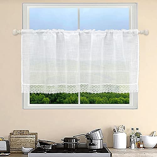 choicehot Voile Küchenvorhang, Halbtransparent Gardinen,Bistrogardine, Flächenvorhang, Kurzvorhang, Weiß Vintage Landhausstil mit Spitze,1 Stück 60×120cm (H×B)