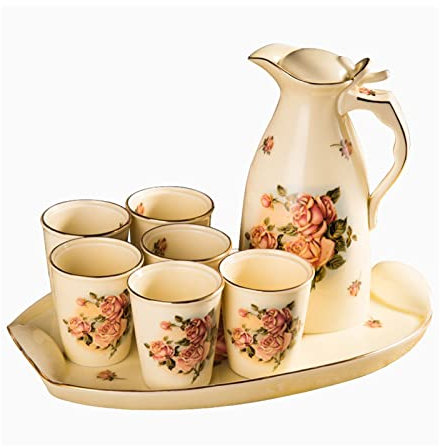 Caraffa per Acqua refrigerante Brocche di ceramica Coppa vassoio Set Grande capacità Pitcher Water Juice Jar Jar Office in porcellana Drinkware 8-Piece Set SET Resistente alla Brocca Caraffa Acqua pe