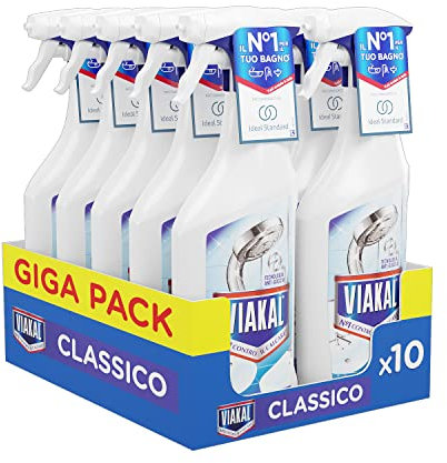 Viakal Classico Bagno Anticalcare Spray, Tecnologia Anti-Goccia, Elimina Fino Al 100% Di Calcare, Combatte i Cattivi Odori, Confezioni da 10 pezzi x 500ml