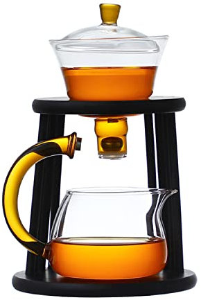 MOZEO Glass Semi-automatic Teapot, Stainless Steel Filter, Heat-resistant Borosilicate Glass, Wooden Handle, 1 Teapot (Wooden Yellow)