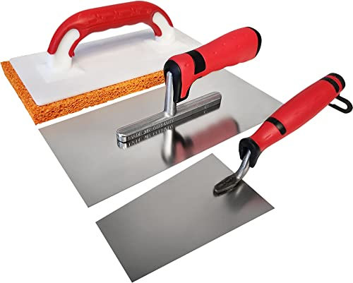 Maurerfreund, 3-teiliges Set mit Putzer-Werkzeugen, Edelstahl-Glättekelle mit Softgriff, Berner Putzkelle rostfrei, Reibebrett mit Schwammgummi, Made in Germany