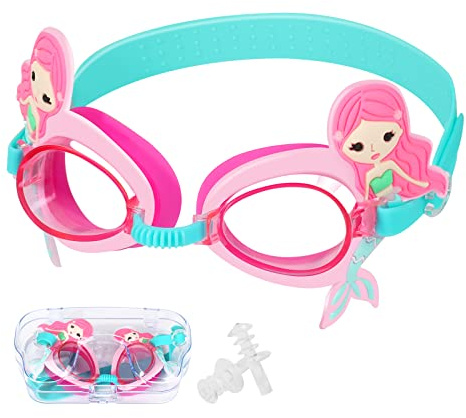 Occhialini da Nuoto Anti-Appannamento per Bambini con Tappi per le Orecchie, Occhialini da Nuoto a Sirena Carini, 180°Occhialini Piscina con Ampie Lenti, Guarnizioni in Silicone Ipoallergenico, 4-14