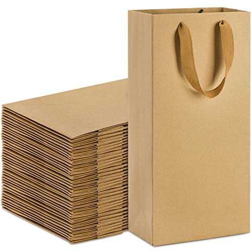WUWEOT 36 Pack Double Wine Paper Bag, Wine Bottle Bags Bulk Reusable Gift Tote Bag, Kraft Paper Shopping Bags with Handles for Birthday Wedding Christmas Dinner Party
