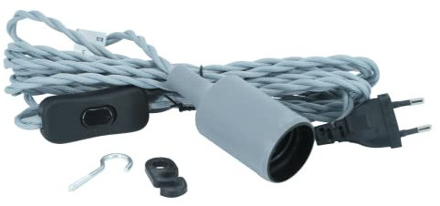 Parus by Venso E27 Lampenfassung Helix 4m Textilkabel Grau, Eurostecker, Venso Ecosolutions Lampenfassung E27 mit Kabel für E27 LED Lampe, Bulb Holder, Kabel für Lampe, Fassung E27