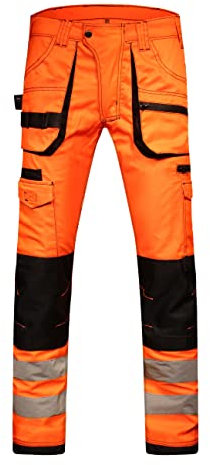 HASHOOB TRADING FZE Men’s Hi Vis Work Trousers high Visibility Cargo Workwear Soft Heavy Duty Multi Pocket Reflective Tape Pants (HV2-ORANGE1, 32W X 34L)