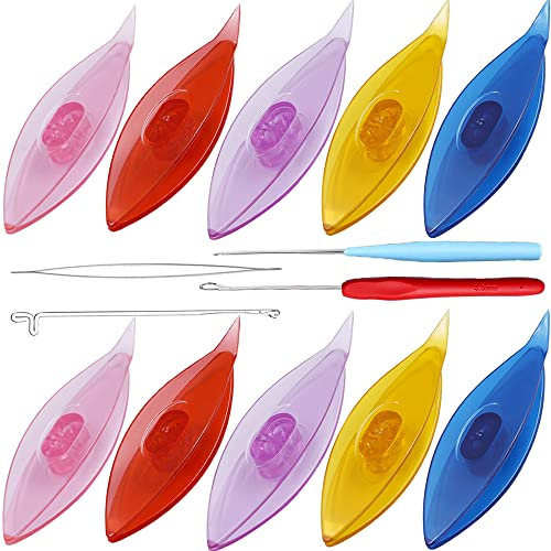 Qtopun 14-teiliges Klopfschiff-Set, 10 transparente Kunststoff-Schiffe zum Winken, 1 Perlennadeln, 3 Häkelnadeln für Spitze, Heimwerken, Handschnüren, Bastelwerkzeug