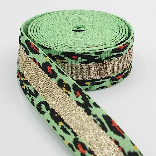 Leduc 5 Meter Gurtband Leopardenmuster mit glitzerndem Mittelstreifen aus Polyester und Baumwolle, 36 mm, 3-grün