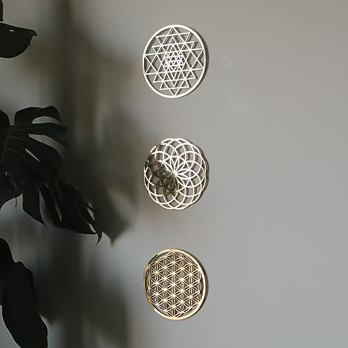 orenda design Wandkunst, Motiv: Heilige Geometrie, Gold, 3 Stück (Blume des Lebens-Torus-Sri Yantra), Zen, Heimdekoration, Yoga, Meditation, Wandkunst, spirituelles Geschenk (Art1)