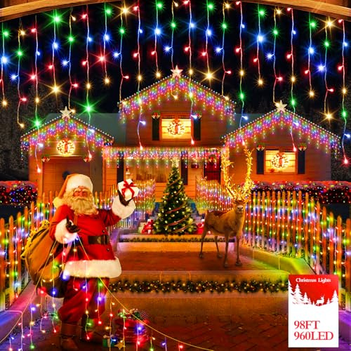 FLVOECN 30M 960 LED Eisregen Lichterkette Außen, Lichterkette Weihnachten, Weihnachtsbeleuchtung Außen mit Timer 12 Modi, Memory-Funktion Wasserdicht Lichterkette für Terrasse Balkon Weihnachtsdeko