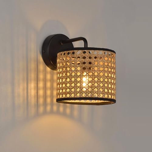 Vintage Holz Wandleuchte Innen Wandlampe Bambuslaterne Nature Rattan Geflecht Lampe Industrial Style Beleuchtung Nachttischlampe E27 Wohnzimmer Schlafzimmer Dekorative Restaurant Korridor Bar Café