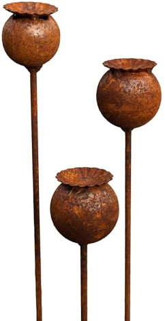 Lot de 3 piquets de jardin en métal rouillé - Décoration de jardin - Tuteur de parterre - Rouille naturelle (capsule de coquelicot)