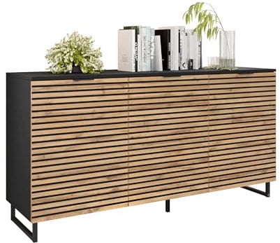 Mirjan24 Kommode Tranai 3D mit 3 Türen, gefräster Front, B:150 x H:76 x T:40 cm, Highboard, Anrichte, Sideboard, Mehrzweckschrank, Wohnzimmerschrank (Schwarz Graphit/Eiche Wotan)