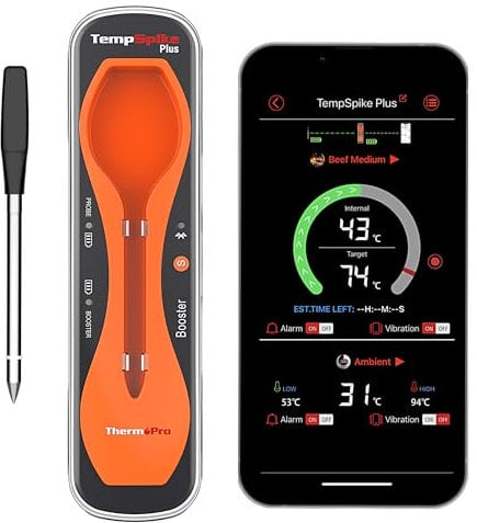 ThermoPro TempSpike Plus 180M Termómetro inalámbrico para carne con sonda ultrafina mejorada, termómetro para carne Bluetooth inalámbrico para parrilla exterior, asador de horno de barbacoa