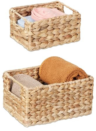 Relaxdays Lot de corbeilles de Rangement, en Jacinthe d’Eau, 2 Tailles, Salle de Bain, déco, panière tressée, Nature