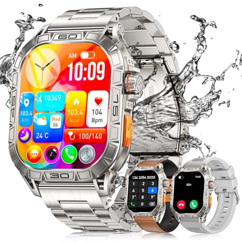 LIGE Montre Connectée Homme Militaire (3 Bracelets), 1,96 HD AMOLED Montre Sport,Smartwatch Avec 100+ Modes Sportifs/Étanchéité IP68/Fréquence Cardiaque,Montre Argentée Compatible Avec iOS et Android