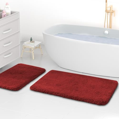 wyewye Mikrofaser-Badteppiche, 2 cm, super dick, super saugfähig, Badezimmerteppich, 50 x 80 cm und 40 x 60 cm, Rot