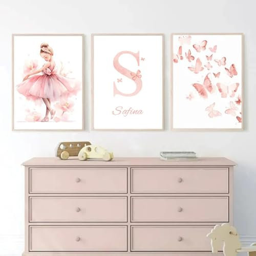 Youihom 3 Bilder Kinderzimmer Mädchen Rosa 30x40 Babyzimmer Poster Personalisiert Wandbilder Kinderzimmer Name Wandposter Baby Ballerina Love Bilderwand Leinwand ohne Rahmen (CZS038)