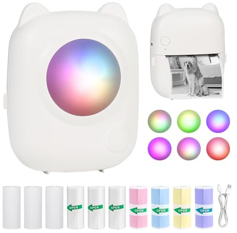 Ambesty Mini Impresora para Movil, Impresora Fotográfica con 10 Rollos de Papel, Portátil Mini Impresora Bluetooth Inalámbrico Impresora Térmica, Movil Impresora Fotos con LED de 7 Colores