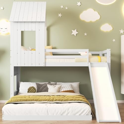 Lcoho Etagenbett mit Rutsche, Hausbett, Kinderbett, mit Fallschutzgitter, mit Fenster und Dach, mit dreistufige Leiter, Kiefer+MDF