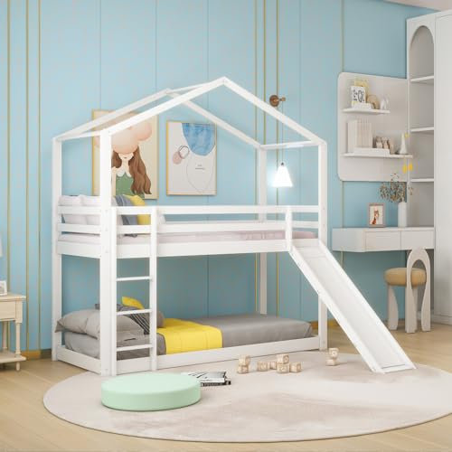 SUKY Letto per bambini 90 x 200 cm, letto a castello basso con scivolo, telaio a castello in legno massiccio con rete a doghe (bianco)