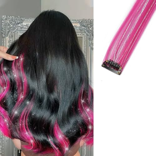 2 x Clip-In Hair Extension Highlights Streaks, Colourful Hair Highlights (Sparkle Hot Pink)
