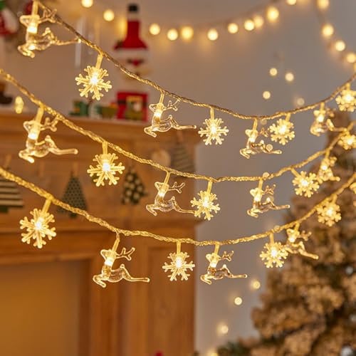 Weihnachtsdeko LED Lichterkette, Weihnachten Deko Weihnachtsbeleuchtung Batteriebetrieben 6m 40 LEDs Elch Schneeflocke Lichtervorhang Lichterketten für Weihnachtsbaum Deko, Tischdeko, Fensterdeko
