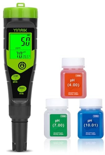 YINMIK Medidor de pH y TDS, Medidor de pH Digital con Solución Calibración de pH, Probador de Temp Conductividad pH PPM 4 en 1, Monitor de pH Profesional para Piscina Agua Potable Acuario Hidroponía
