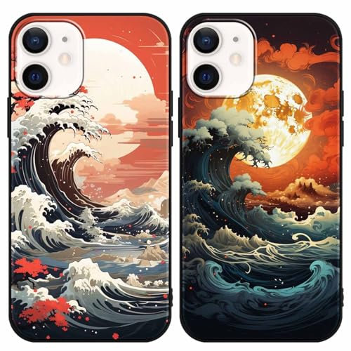 Yimctoie 2 Stück Handyhülle für iPhone 12/iPhone 12 Pro Hülle 6,1,Japanische Art Anime Aesthetic Wellen mit Muster Case,Ästhetik Schutzhülle Schwarz Weich Silikon TPU Stoßfeste Kratzfest Cover