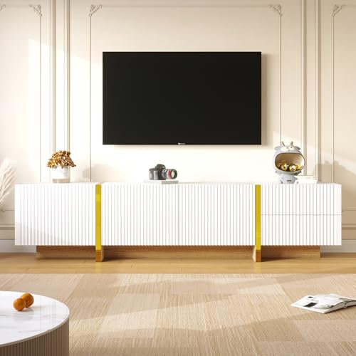 Soweiz Mueble de TV sencillo y elegante, 190 cm, 3 puertas, 2 cajones, varios cajones, resistente y duradero, 190 cm (largo) x 35 cm (ancho) x 45 cm (alto) (blanco + dorado)