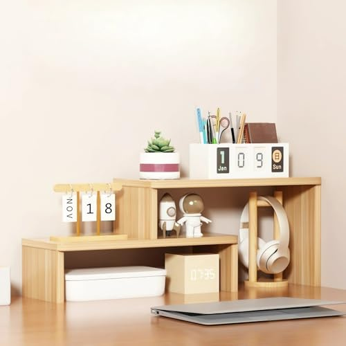 AUSHOPLAH Schreibtisch-Organizer-Regal, 2-stufiges Holz-Bücherregal, Minimalistisch E68 (Holz, 60X12X24CM)