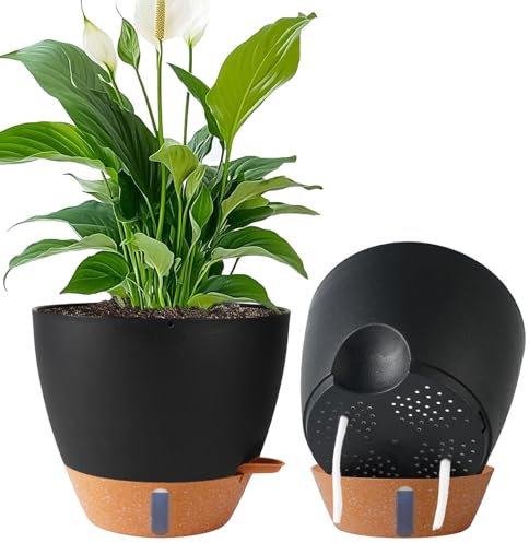 Paquete de 2 macetas de 8 pulgadas, macetas de plástico con riego automático con agujeros de drenaje, depósito profundo, indicador de nivel de agua, macetas decorativas modernas para plantas de