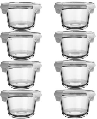 H.JSS WDJS 8 Pack Glass Food Storage Containers with lids, Round Glass Soup Container with Airtight Lids, Reusable Leakproof, Round Food Bowls for Soup, leftovers, Dishwasher Microwave Freezer Safe