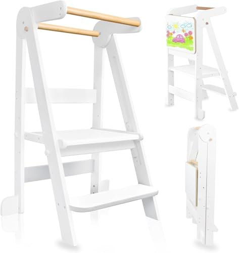 Uuoeebb Lernturm ab 1 Jahr, Klappbarer Lernturm mit 3 Verstellbare Höhe, Learning Tower für Kinder mit Magnetischen Whiteboards, 1-6 Jahre Kinder Lernturm (weiß)