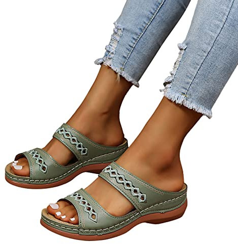 Badesandalen Damen,Orthopädische Pantoletten Damen Hausschuhe Damen Sommer Breite Füße Badesandalen Schlappen Leicht Sandalen Sommerschuhe mit Fussbett Weite Latschen Schuhe Leder Latschen Grün 36