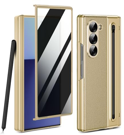 WEYNRBOX Sichtschutz Hülle für Samsung Galaxy Z Fold 7 [Eingebauter Privacy Schutz][mit S Pen Halter][Scharnier-Schutz] Dünne Slim Fit Ganzkörper-Schutzhülle Harte PC-Handyhülle Z Fold7-Gold