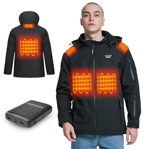 Heated jackets for men, Heated Coats with Detachable Hood Windproof, Electric Heated Body warmer with 14400MAH Battery Pack for Outdoor Camping Hiking (UK, Alpha, L, Regular, Regular, Black)