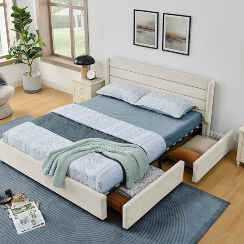 muenfly Bett 90x200 / 140x200 / 160x200 cm betten bettgestell | Chenille Bezug Stabiles Bettgestell mit Aufbewahrung, Metallrahmen & Eukalyptus | Ohne Matratze (Beige + Chenille, 140 * 200cm)