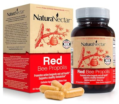 NaturaNectar - Red Bee Propolis Capsules - NSF Contents Certified Premium Brazilian Propolis - Gluten-Free Supplements with More Diverse Flavonoids & PWE - Sourced Through Ethical Beekeeping (60pcs.)