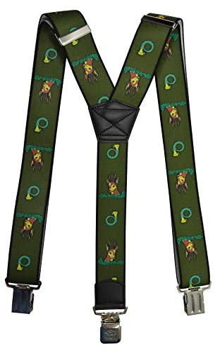 Olata Heavy Duty Herren-Hosenträger Y-Form mit Jagdmotiv und gravierten Hosenträger-Clips – 4 cm. Jagdhorn