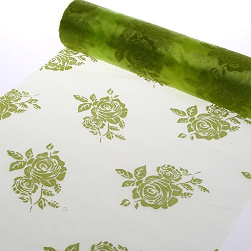 Deko und Band Organza-Tischläufer mit Flock-Print Green Roses - 28 cm - Rolle 15 Meter