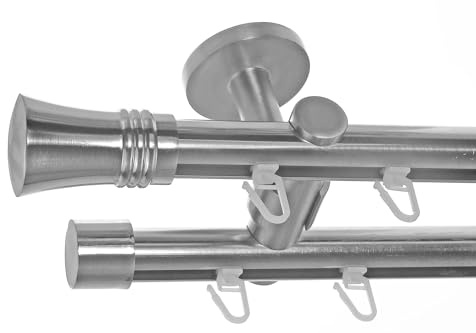BASIT Gardinenstange Innenlauf Edelstahllook 20mm 2-läufig Decke 280cm D40 | Gardinenstangenset doppelläufig Deckenmontage Metall Vorhangstange Deckenhalterung 120-600cm wählbar Kappe Knauf E86