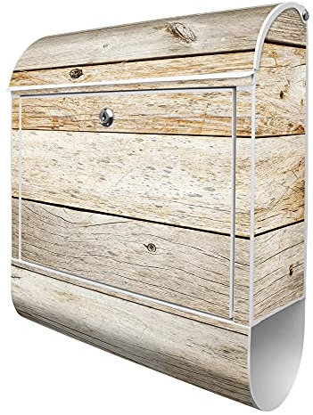 banjado® Design Briefkasten mit Graues Holz 38,5x46,5x13cm & 2 Schlüssel - Briefkasten Stahl weiß mit Zeitungsfach pulverbeschichtet - Postkasten A4 Einwurf inkl. Montagematerial