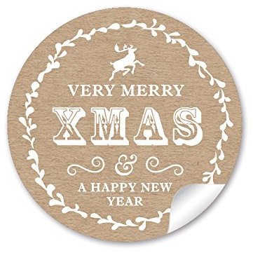 24 Weihnachtsaufkleber VERY MERRY XMAS & A HAPPY NEW YEAR Hirsch Retro NATUR BRAUN Vintage Kraftpapier Look Weihnachten • Papieraufkleber Sticker Aufkleber Etiketten • Format 4 cm rund matt