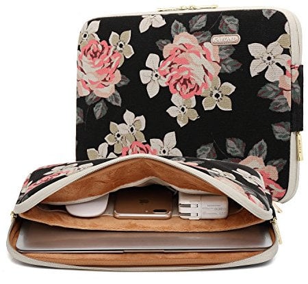 KAYOND Rose Pattern Water-resistant 14 inch Canvas laptop sleeve for 14-14.1 inch HP/Dell/Lenovo/Asus/Acer/Samsung Notebook Computer (14-14.1 Inch, Black Rose)