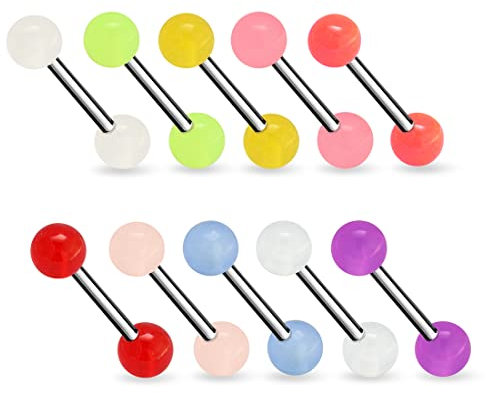 Monster Piercing | Zungenpiercing 10er Pack | Zungenpiercings aus flexiblem Bioplast | Kugeln leuchten im Dunkeln | mit UV Acrylkugeln | Stabstärke: 14G (1,6 mm) | Hypoallergen