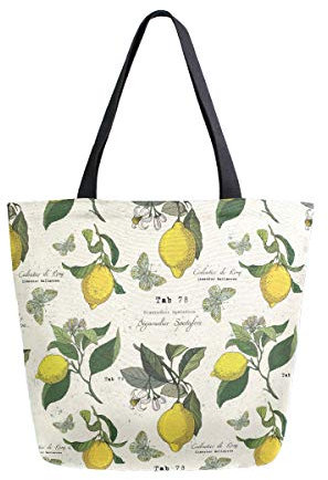 Einkaufstasche aus Leinen, Vintage-Stil, Motiv: Zitrone und Schmetterlinge, wiederverwendbar, mit Griffen