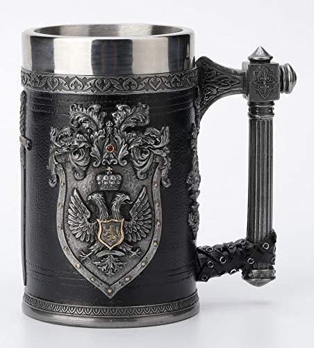 Veronese Design 16,5 cm Doppelkopf-Adler-Wappen-Axt Griff Bierkrug Kaltgussharz Zinn Finish Statue Heimdekoration