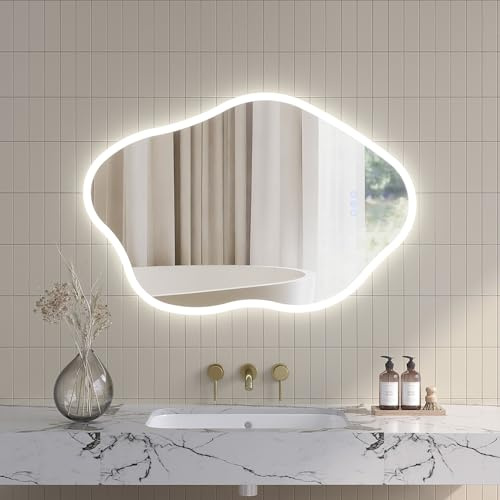 AQUABATOS Badspiegel mit Beleuchtung Asymmetrisch quer 90 x 60 cm LED Badezimmerspiegel Wolkenform 3 Lichtfarben Dimmbar Spiegelheizung Antibeschlag Touch Schalter für Wandschalter